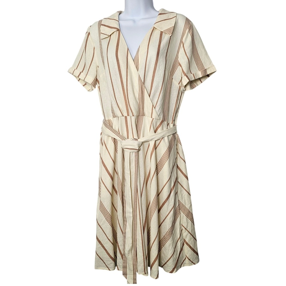 NWT ModCloth Sweet Surprise Striped Linen Blend Faux Wrap Dress 12 Ivory Retro